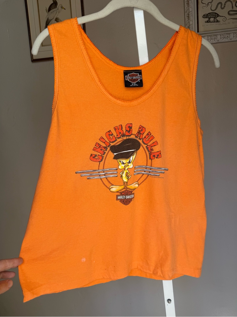 Vintage Harley-Davidson Tweety Bird Orange 'Chicks Rule' Baby Tank Top XXL - Picture 6 of 11